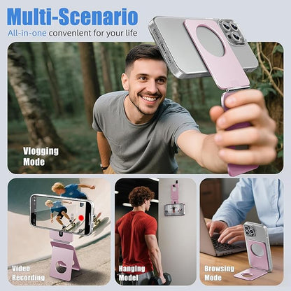 Magnetic Tripod for iPhone, Aluminium Phone Tripod Stand Compatible with Magsafe iPhone 16/15/14/13/12 Series, Foldable Strong Magnetic Phone Stand & Portable Phone Holder, Pink