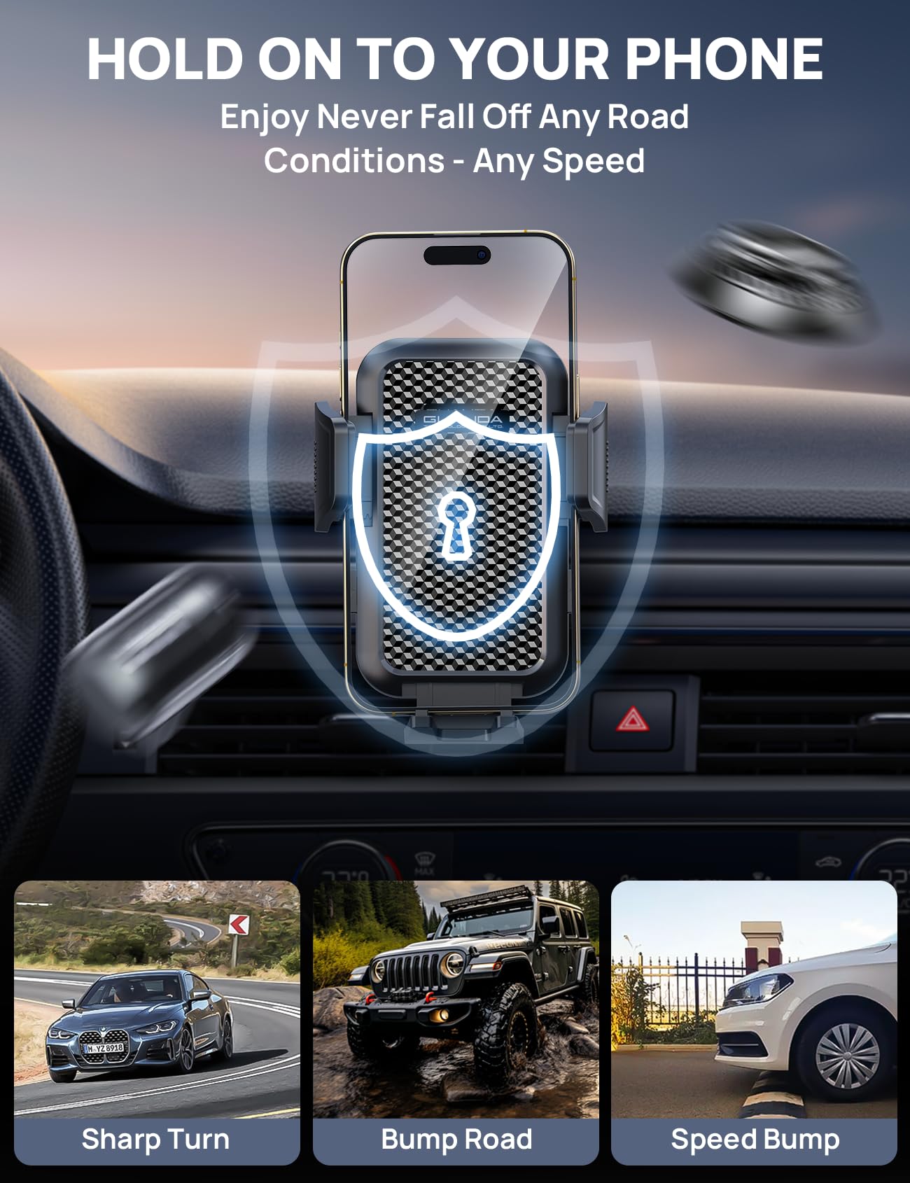 2026 Ultimate Car Phone Holder Mount (+Air Vent Clip) [Military Grade Stable], 360° Rotatable Suction Cup Car Phone Mount for Dashboard Windshield,Truck Cradle Stand for iPhone 17 16 Pro Max Samsung