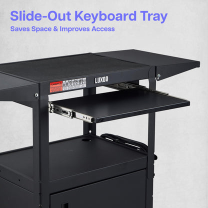 Leader Adjustable Height Rolling AV Cart, Mobile Workstation with Drop Leaf Shelves, Pullout Keyboard Tray, Locking Steel Cabinet, Power Strip for Classroom and Office Use (Black, 24-42 Inch)