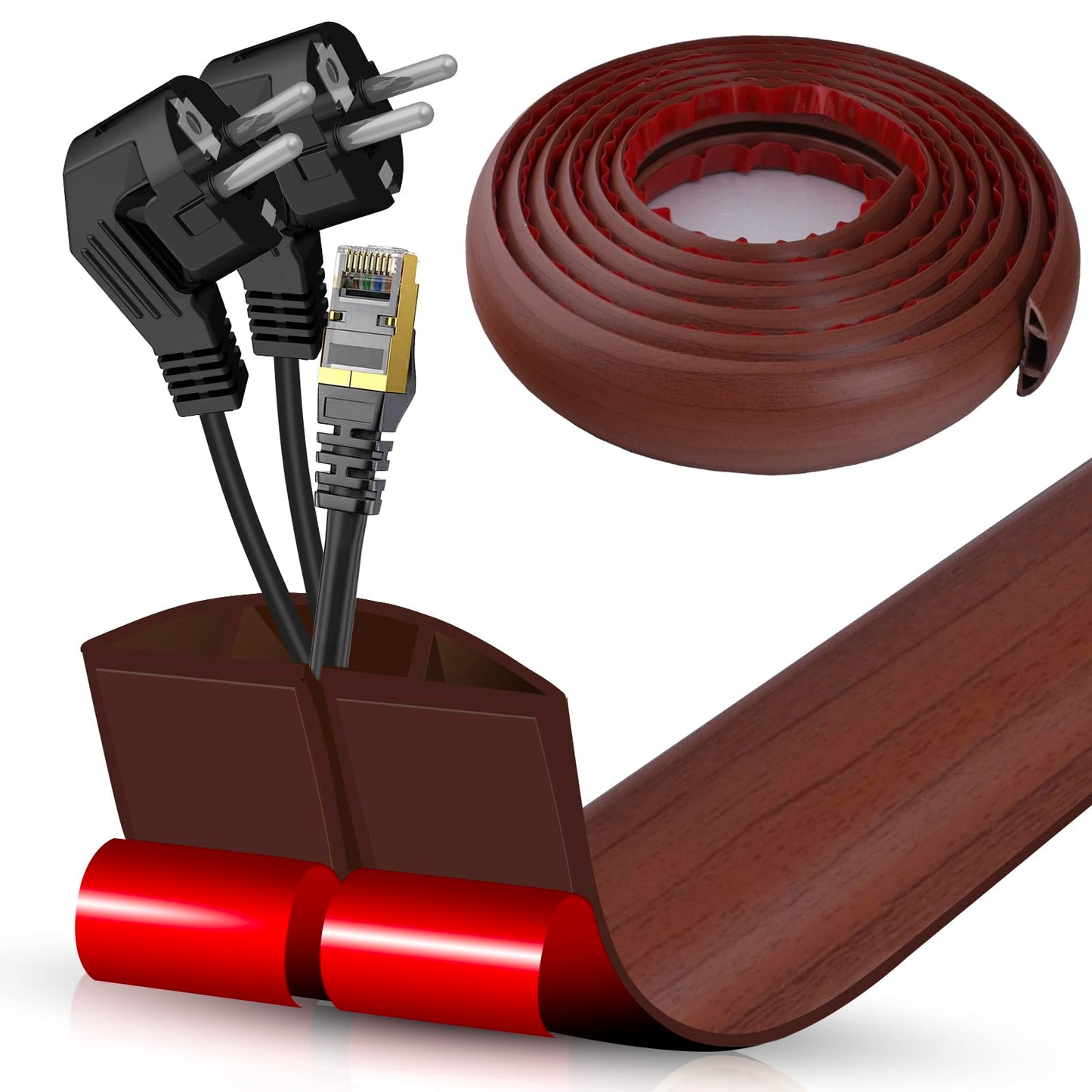 Floor Cord Cover Cavity 0.8"x0.37" Self Adhesive Cord Hider, 10FT Low Profile Cable Management, Extension Strip Protector for Wires, Prevent Cable Trips for Offices, Gyms, Exhibitions（Red Teak）