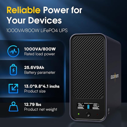 GOLDENMATE 1000VA/800W Lithium UPS Battery Backup and Surge Protector, Sinewave UPS System with LiFePO4 Battery(230.4 Wh), 2025 Upgraded Pro Ver. with Communication Port, 8 Outlets, LCD Display, Gray