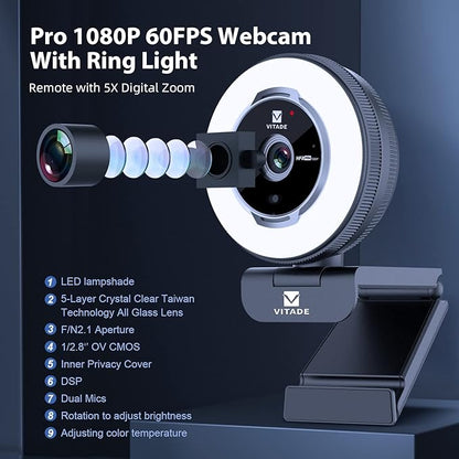 Zoomable Webcam with Remote Control, 1080P 60FPS Streaming Webcam with Adjustable Ring Light and Tripod, Pro USB 5X Digital Zoom Webcam for Zoom/Skype Teams/Laptop/Mac Windows