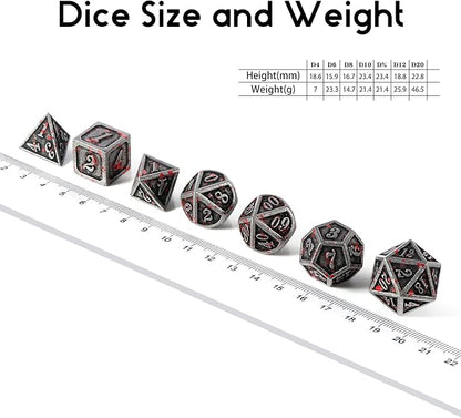 Acient Silver Bloodstained Metal Dice Set DND, DNDND 7PCS Metallic Halloween Die with Metal Case for Dungeons and Dragons Tabletop Games