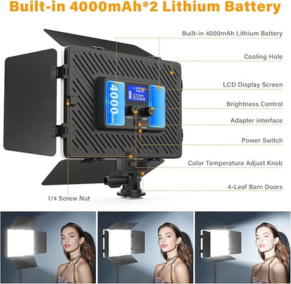 2 Pack Led Video Light Panel Light with Barndoor, 8000mAh Rechargeable Camera Light with 79'' Stand, Photo Studio Lighting kit for Video Recording Live Streaming Outdoor Indoor Photography