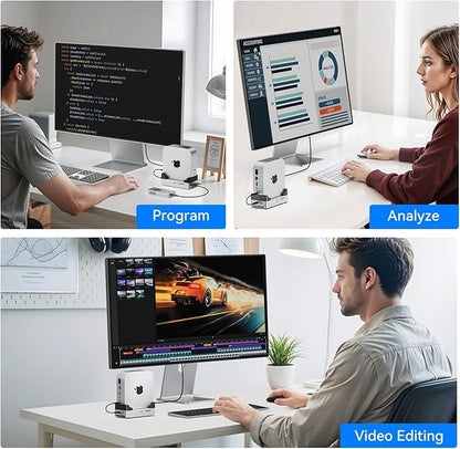 ANYOYO Mac mini M4 Dock and Stand, 10-in-1 Aluminum USB-C Hub with M.2 NVMe SSD Enclosure, 4K 60Hz Dual HDMI, 10 Gbps USB-C/A, 30W PD-in, Smart Fan Cooling, Wi-Fi Signal Friendly Design, Silver