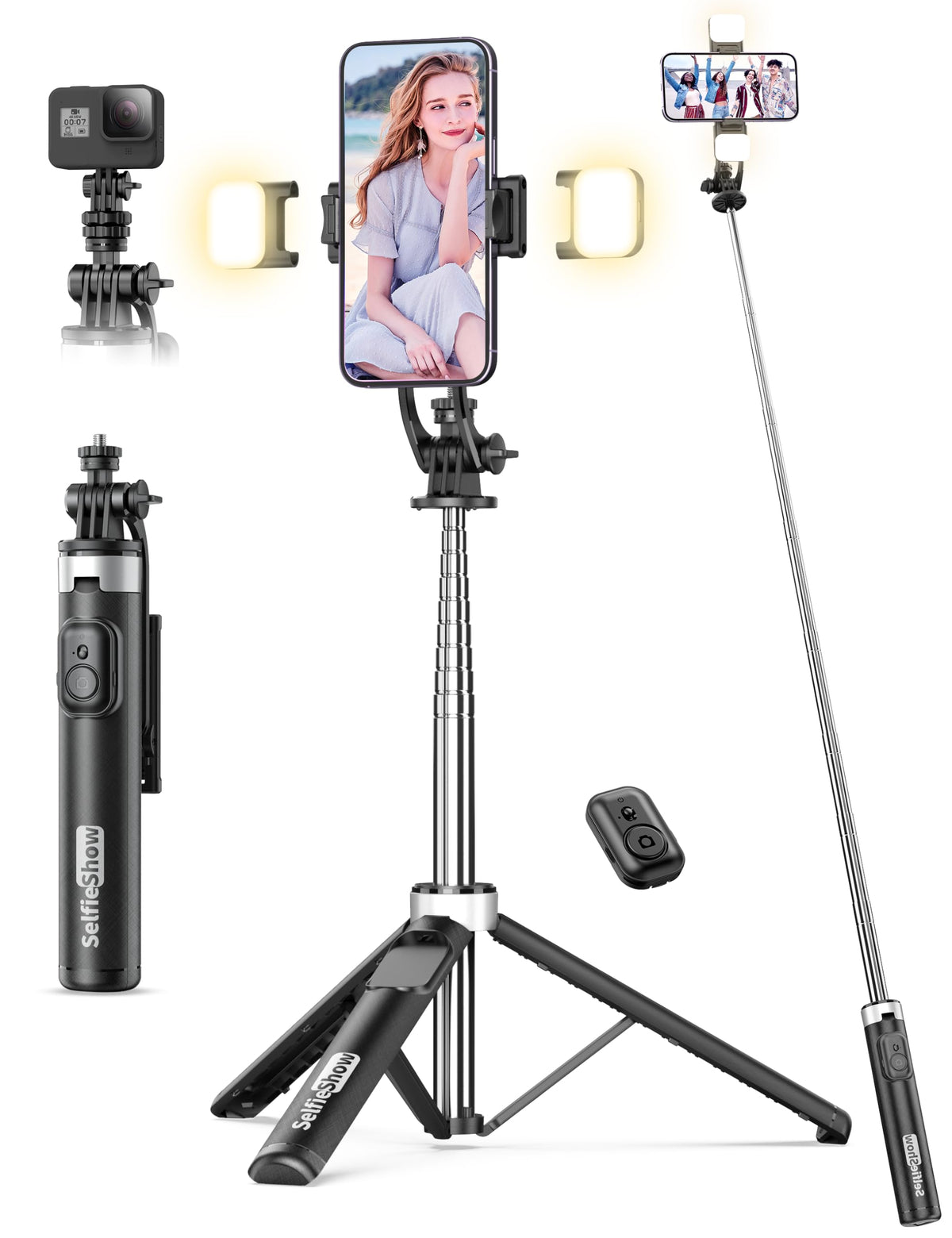 Selfie Stick Tripod with 2 Light, 3 Light Modes & 6 Brightness Levels Extendable Phone Tripod with Detachable Remote & Phone Holder, Portable Camera Tripod Compatible with iphone16 15 14 13/Android