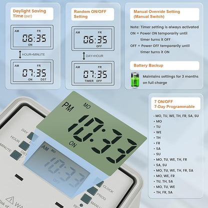SURAIELEC Pool Timer, 7-Day Digital Pump Timer Switch, 40 AMP Heavy Duty, 120/240/277 VAC, 2HP Programmable Switch Box for Swimming Pool, Hot Water Heater, Lights, Outdoor/Indoor Use