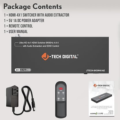 8K HDMI Switch 4 in 1 Out, 8K@60Hz 4K@120Hz 1080P@240Hz with Audio Extraction, HDMI to Optical & Analog 3.5mm, HDR HDCP2.3 EDID Control (JTECH-8KSW41AE)