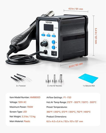 VEVOR Hot Air Rework Station, 700W Digital Display SMD Rework Station, 212℉-932℉ Hot Air Gun with Adjustable Airflow, 3 Pre-Set Channels & ℃/℉ Conversion for Chip Dismantling, Electronics Repair