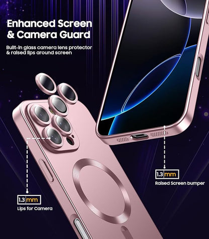 Magnetic for iPhone 16 Pro Case [Compatible with MagSafe][Built-in Camera Lens Protector] Slim Soft Silicone Bumper Shockproof Metallic Luster Phone Case (Rose Gold)