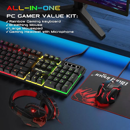 BlueFinger RGB Gaming Keyboard and Backlit Mouse and Headset Combo, USB Wired Backlit Keyboard, LED Gaming Mouse Set, Headset with Microphone for Laptop PC Computer Game and Work