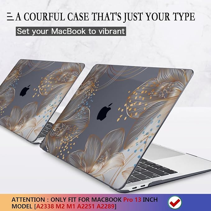 CISSOOK for MacBook Pro 13 inch Case 2025-2020 Release Model A2338 M1 M2 A2289 A2251 with Touch Bar, Plastic Hard Shell Case & Keyboard Cover & Screen Protector for Pro 13, Gorgeous Gold Floral