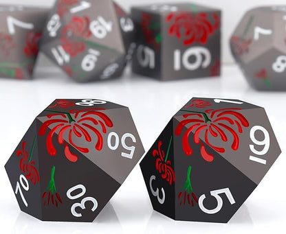 PJOY Metal Dice Set D&D Flower Dice Set DND Polyhedral Dice for RPG Role Playing Games Compatible with Dungeons and Dragons TTRPG Black Red White DND Dice