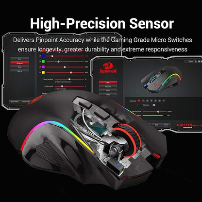 Redragon M602 Griffin RGB Gaming Mouse, RGB Spectrum Backlit Ergonomic Mouse with 7 Programmable Backlight Modes up to 7200 DPI for Windows PC Gamers (Black, Wireless)