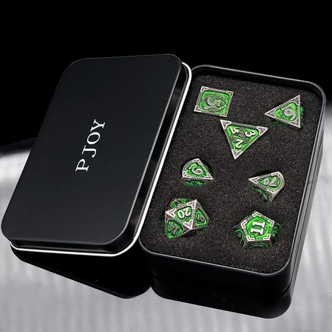 PJOY D&D Dice Set Metal DND Green Dice with Case Compatible with Dungeons and Dragons Ranger Gifts