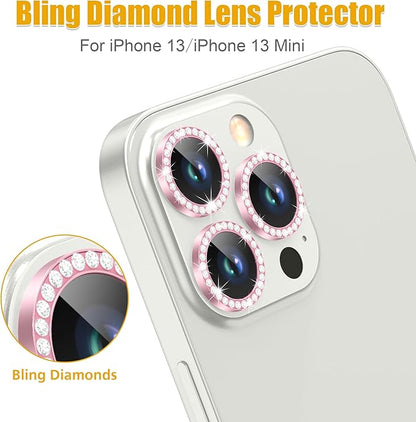 AGVEE 3+3 6 Pack for iPhone 13 Pro 6.1" / 13 Pro Max 6.7" Camera Lens Cover Protector, Bling Diamond & Bling Glitter Metal Ring 9H Tempered HD Glass Camera Cover Protector Film, Bling-Pink