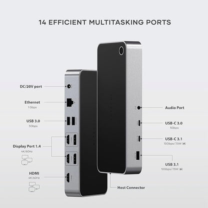 Satechi 13 in 1 Triple 4K USB C Docking Station, 100W Charging, 2 DP, 3 HDMI, 2 USB C, 3 USB-A, Gigabit Ethernet, and Audio Jack for Mac/Windows, MacBook Air/Pro M4/M3/M2/M1, DisplayLink Required