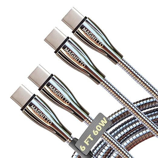 MAGNITTO Metal Braided Wire USB C to USB C Cable 6ft, 2Pack, 60W 3A, Stainless Steel, Strong Durable Wire, Tangle Free, Pets Chewing Proof, Silver