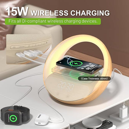 Bluetooth Alarm Clock, Sunrise Simulation Wake Up Night Light, 15W Fast Wireless Charging Alarm Clock for Bedroom, 10W Bluetooth Stereo Sound Speaker, USB Charger Port