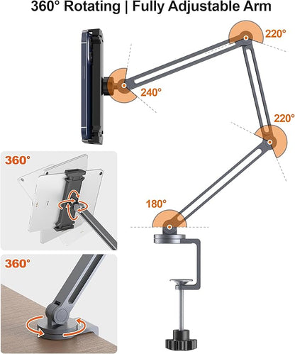 Tablet Arm Mount with Super Grip, Adjustable Foldable Holder & Heavy Duty Aluminum 360° Rotating Clamp for iPad, Phone, Monitor, Kindle - Universal for Desk, Bed, Kitchen - Gray