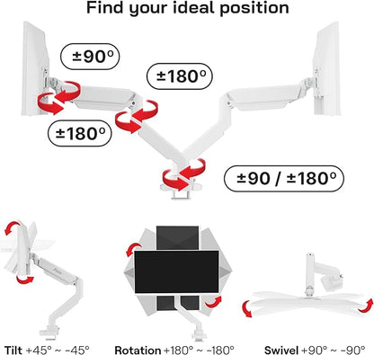 Pixio PS2S White Ultrawide Heavy-Duty Premium Single Monitor Arm Stand Desk Mount - Fits up to 49 inches Monitors, Weights up to 39lbs Flat / 31lbs Curved, Compatible with VESA 75x75 100x100mm