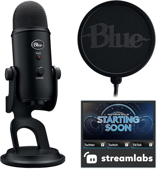 Logitech Blue Yeti Game Streaming Kit with Yeti USB Gaming Mic, Blue VO!CE Software, Exclusive Streamlabs Themes, Custom Pop Filter, PC/Mac/PS4/PS5 - Blackout