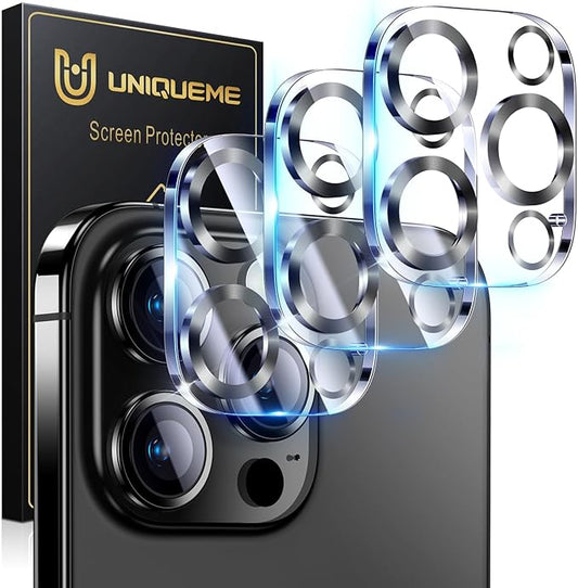 UniqueMe for 3 Pack iPhone 16 Pro/iPhone 16 Pro Max Camera Lens Protector - [Drop Protection] [Case Friendly] 9H Tempered Glass Camera Cover Screen [Update New Version] - Matte Black