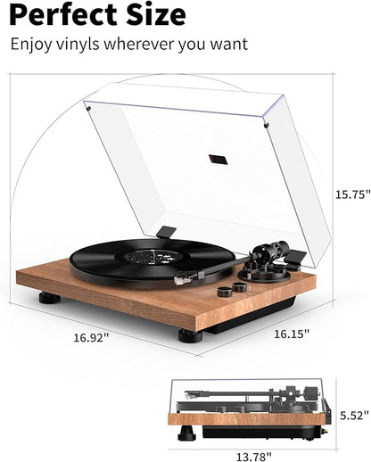 Turntable Vinyl Record Player Support Bluetooth Output Phono/Line Switch Pitch Control with Pre-Installed Counterweight & Magnetic Cartridge, Belt Drive 2 Speed