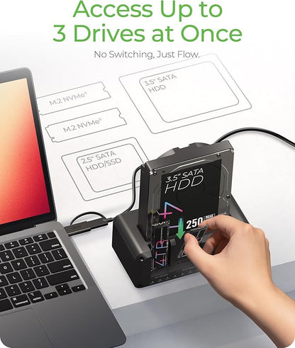 M.2 NVMe & SATA SSD/HDD Hard Drive Docking Station, ICY BOX USB-C 10Gbps NVMe Cloner&Reader, TripleBay Hard Drive cloner for 2.5"/3.5" SSD&HDD Hard Drives, Offline Cloning, Tool-Free (3 Bay)