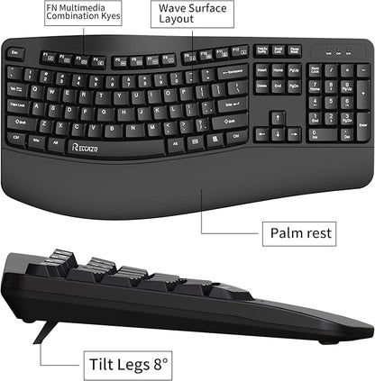 Ergonomic Keyboard, Wired Computer USB Keyboard with Wrist Rest, Spill-Resistant, Wave Keys for Natural Typing, Compatible with Windows/PC/Laptop(Black)