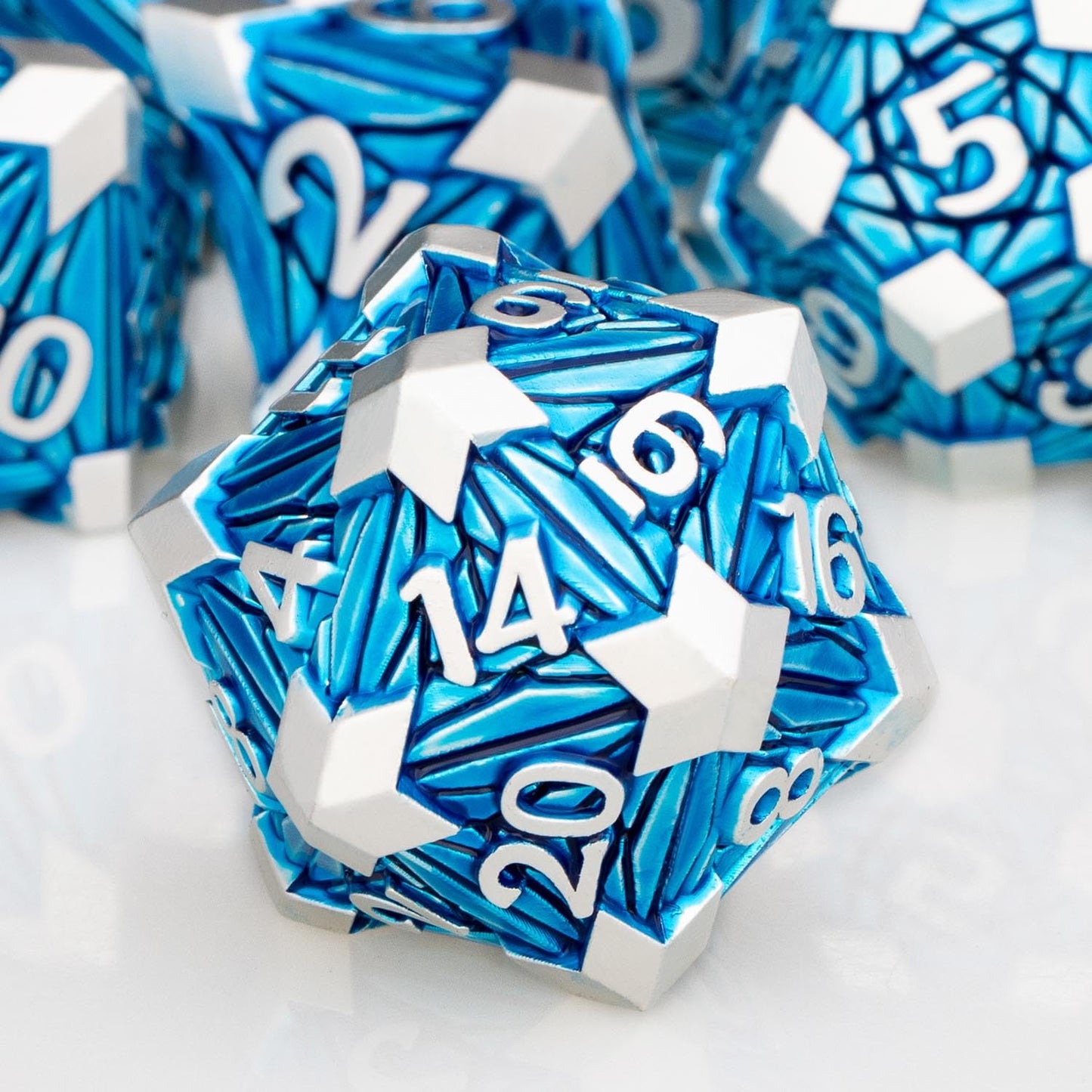 ORIFANTOU 7PCS Metal DND Dice Set with Box, Debris RPG Blue D and D Dice for use with D&D Tabletop Games Role Playing Game Polyhedral Dice Set D20 D12 D10 D8 D6 D4