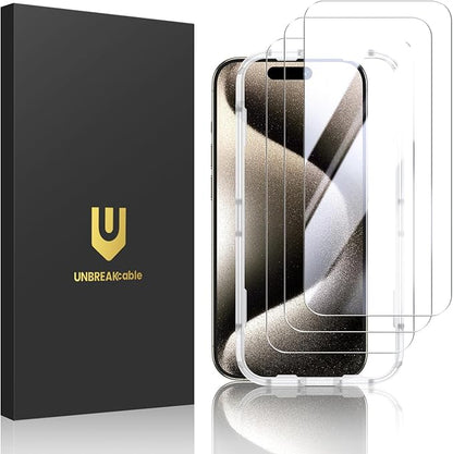 UNBREAKcable Shatterproof Tempered Glass Screen Protector for iPhone 15 Pro [3-Pack] [Easy Installation Frame] [9H Hardness] [99.99% HD Clear][Bubble Free] for Apple 6.1”