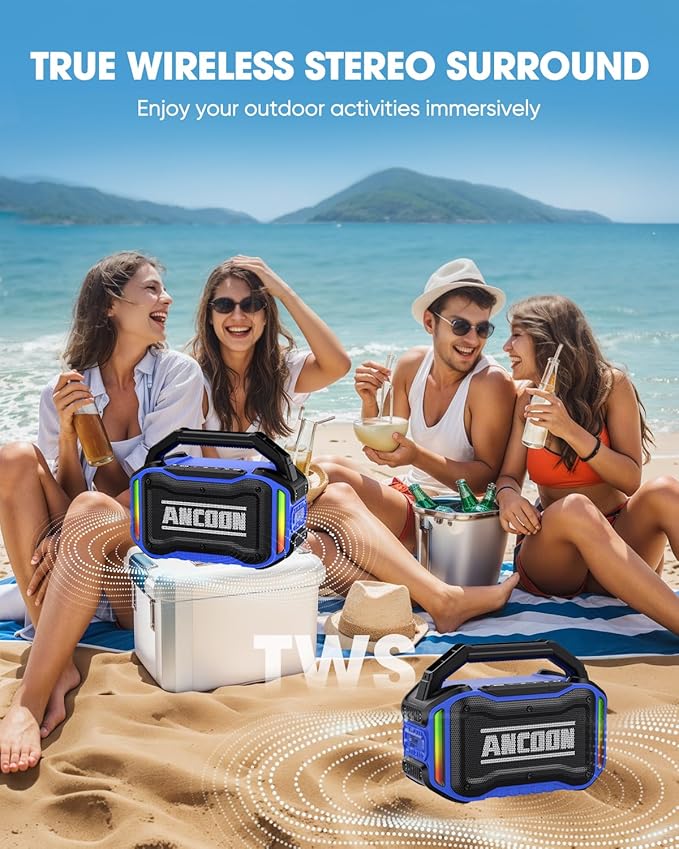 ANCOON Speakers Bluetooth Wireless: 80W(Peak) Loud Speaker with Bass, 20H Playtime, IPX6 Waterproof, Large Jobsite Speakers for Work, Outdoor, Workshop, Garage, Portable Speaker with TWS (Blue)