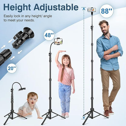 88" Tripod for iPhone, Phone Tripod with Gooseneck and Remote, Portable Cell Phone Tripod Compatible with Smartphone/Camera/Gopro, iPhone Tripod Stand for Video Recording Selfies Vlogging