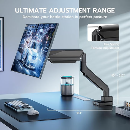 ARES WING Single Monitor Arm, Heavy Duty Adjustable Monitor Arm for 13"-45" Screens with USB, Gas Spring Desk Mount Stand with C Clamp/Grommet Mounting Base up to 40lbs Computer, Black