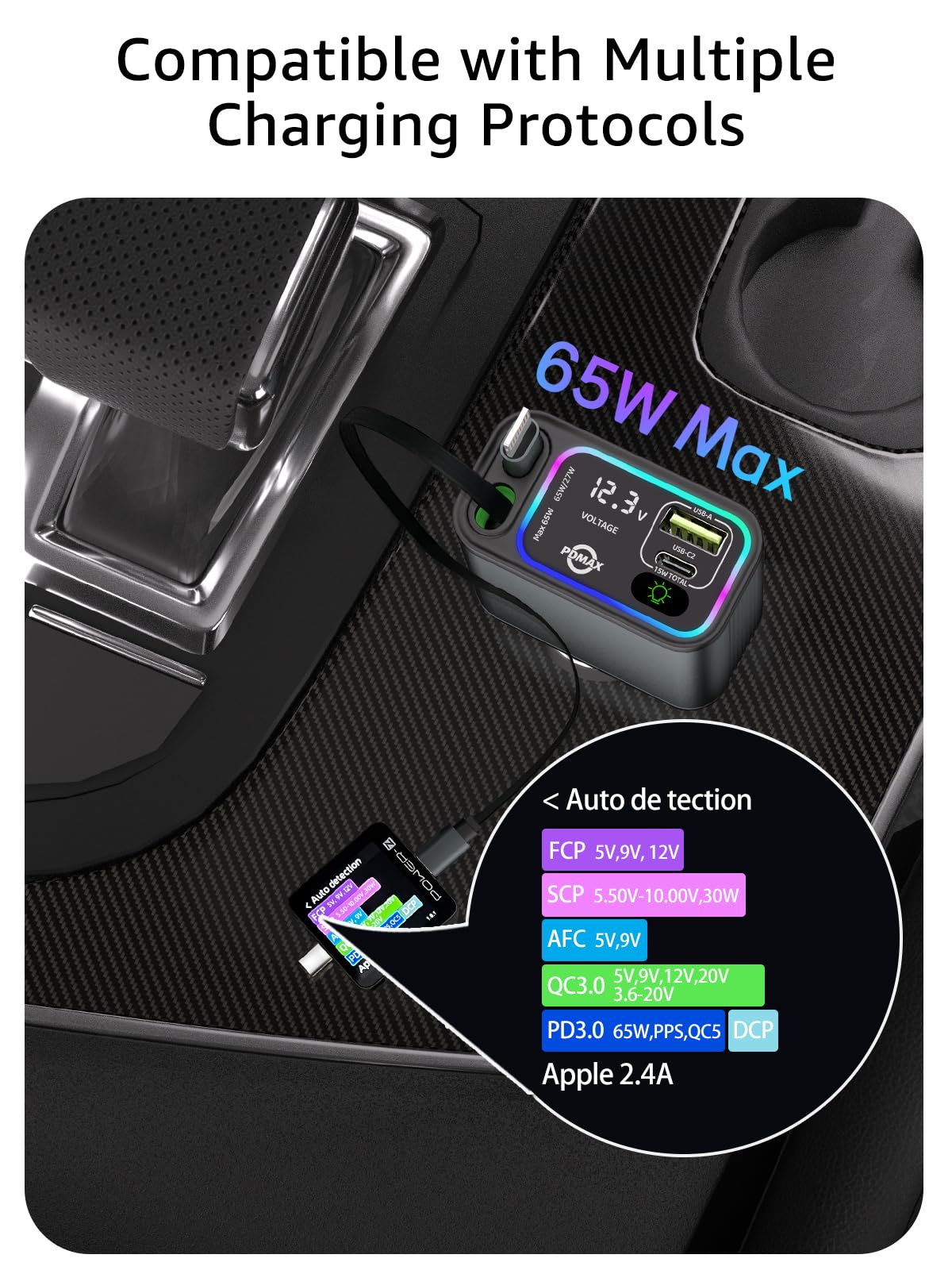PDMAX Retractable Car Charger USB C,145W Type C Car Charger Fast Charging with Dual Retractable USB C Cable and USB Ports for iPhone 17/16/15,S25/24/23/22, Pixel 9/8/7(Build-in Dual Type C Cable)