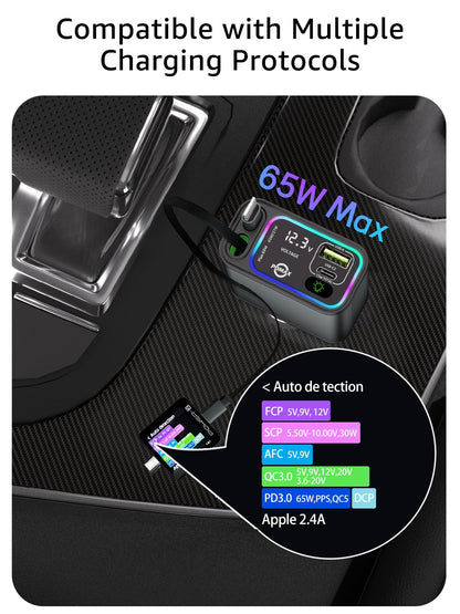 PDMAX Retractable Car Charger USB C,145W Type C Car Charger Fast Charging with Dual Retractable USB C Cable and USB Ports for iPhone 17/16/15,S25/24/23/22, Pixel 9/8/7(Build-in Dual Type C Cable)