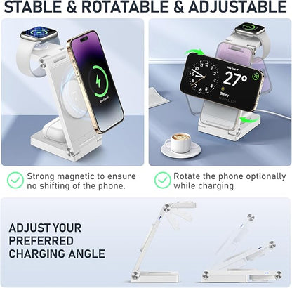 Magnetic Wireless Charger Stand, 3 in 1 Foldable Wireless Charging Station, Travel Charger for Multiple Devices for iPhone 16 15 14 13 12 Series, Apple Watch Ultra/SE/9/8/7/6/5/4/3/2, AirPods