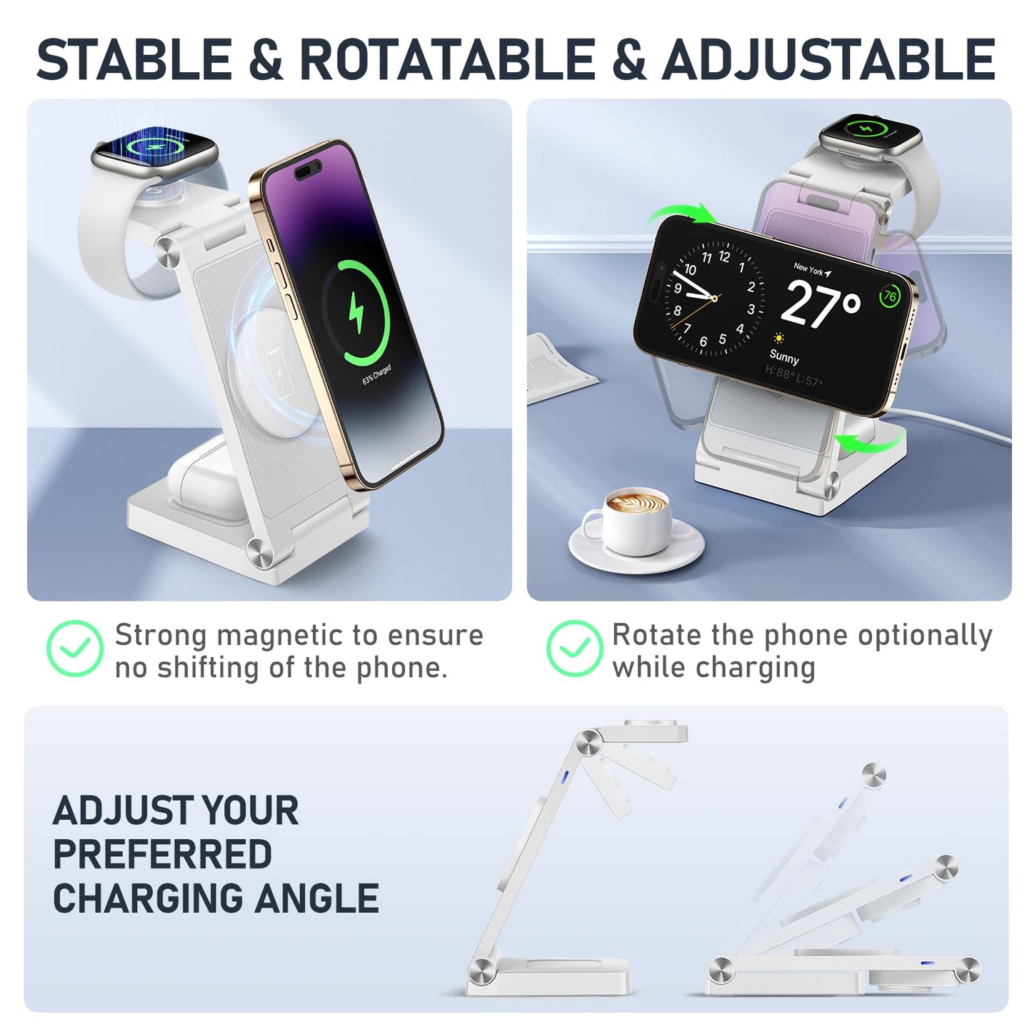 Magnetic Wireless Charger Stand, 3 in 1 Foldable Wireless Charging Station with 20W Adapter, Travel Charger for Multiple Devices for iPhone 16 15 14 13 12 Pro/Max/Plus/Mini, iWatch, AirPods