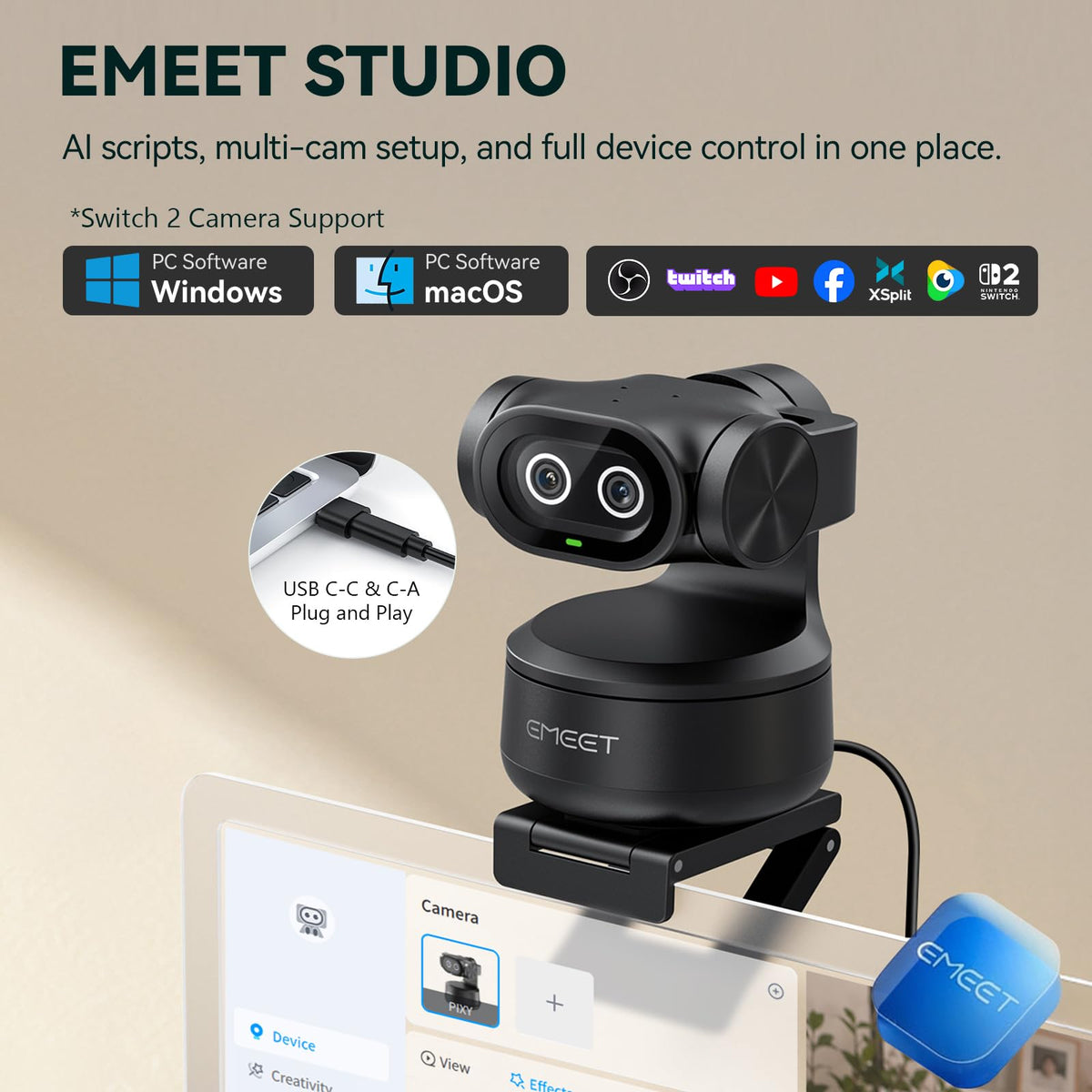 EMEET PIXY Dual-Camera AI-Powered PTZ Camera 4K, AI Tracking