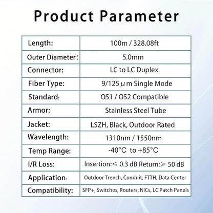 100M/328FT LC to LC Armored Outdoor Fiber Optic Cable, Single Mode Duplex 9/125μm SMF Fiber Patch Cord, OS1/OS2 Compatible, Black LSZH Jacket, Uniboot Jumper for FTTH, Data Center, Long-Distance Use