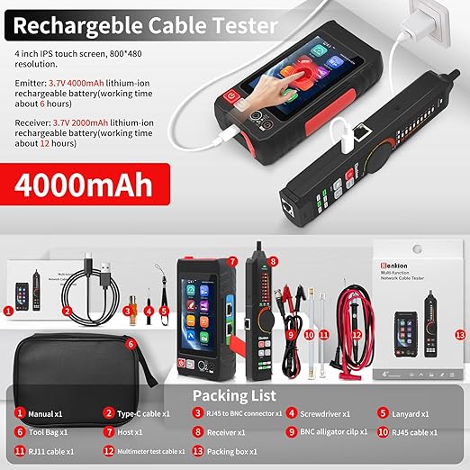 Multifunction RJ45 Network Caber Tester,Full Features UTP Cable Tester Cable Tracer,4" IPS Touch Screen Support TDR,DMM, VFL,OPM, POE++ Detect,Level Meter,Network Tools,RJ45 TDR, Cable Length,NCV