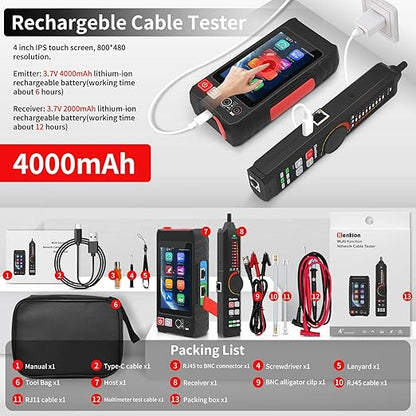 Multifunction RJ45 Network Caber Tester,Full Features UTP Cable Tester Cable Tracer,4" IPS Touch Screen Support TDR,DMM, VFL,OPM, POE++ Detect,Level Meter,Network Tools,RJ45 TDR, Cable Length,NCV