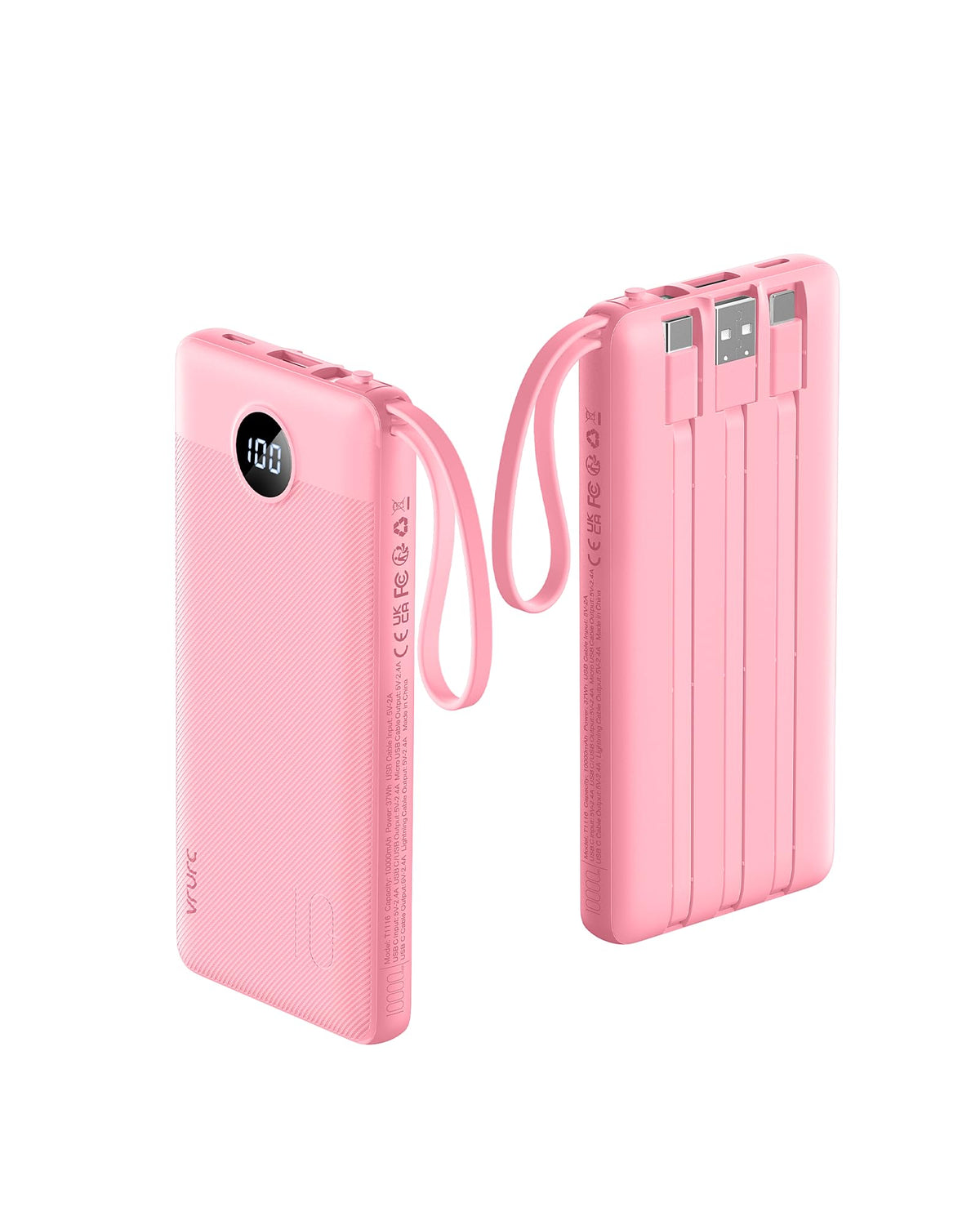 VRURC Portable Phone Charger, Built-in 4 Cables USB C Power Bank 10000mAh
