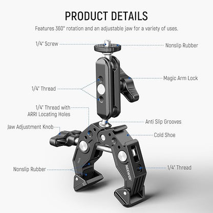 NEEWER Super Clamp Magic Arm Camera Mount with Phone Holder Action Cam Adapter Ball Heads 1/4" Threads Cold Shoe Cleaning Cloth Compatible with SmallRig GoPro for Desk Tripod Crossbar Gimbal Rod, ST83