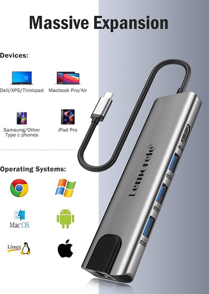Lemorele USB C Hub Multiport Adapter 9 in 1 w/Gigabit Ethernet, 100W PD, HDMI 4K, 3 USB 2.0, 5Gbps USB C Data Port, SD/TF Card Reader, Dongle Docking Station for MacBook Lenovo HP Dell Laptops