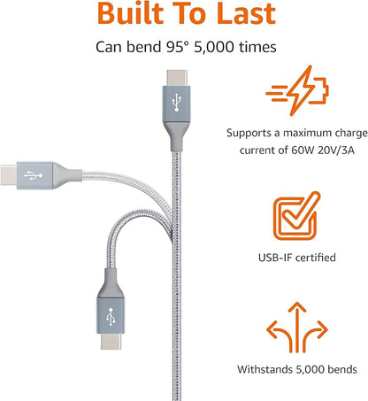 Amazon Basics USB C to USB C Cable Charger Cable, Nylon Braided Cord, 480Mbps Speed, USB-IF Certified, for Apple iPhone 16/15, iPad, Samsung Galaxy, Tablets, Laptops, 10 Foot, Dark Gray