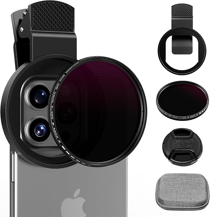 52mm Variable ND2-ND400 Filter with Upgraded Phone Clip, Neutral Density Filter Lens for iPhone 16/15/14/13 Pro Max Samsung Moto Google TCL, HD Double-Sided Multi-Coated Glass