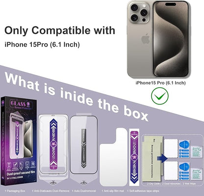 2 Pack Screen Protector for iPhone 15 Pro, 9H Tempered Glass, Full Coverage, Anti-Fingerprint, Auto Dust-Elimination, No Bubble, Easy Installation