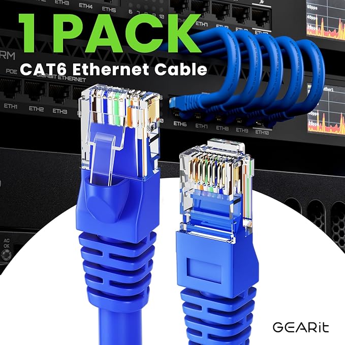 GEARit Cat 6 Ethernet Cable (1-Pack 3 Feet) Cat6 Network Patch, 10Gbps, RJ45, Snagless Cord, Gold-Plated Connectors, Internet for PC, TV, Tablet, Router, Printer, Servers, IT Data Center - Blue